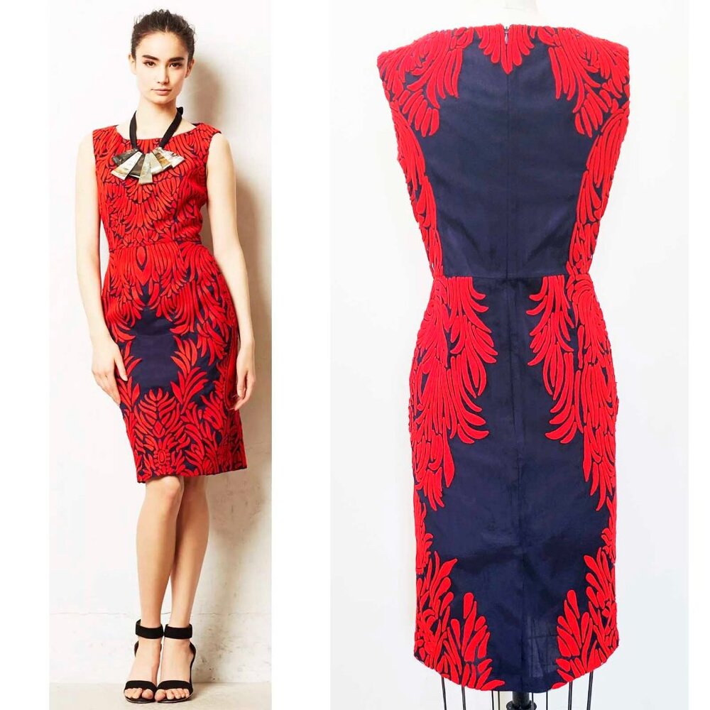 Pankaj & Nidhi Womens Spice Tree Dress Red Chain Stitch Navy Sleeveless